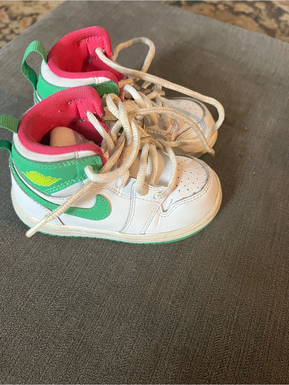 Nike Kids White Sneakers with Green Swoosh and Pink Lining